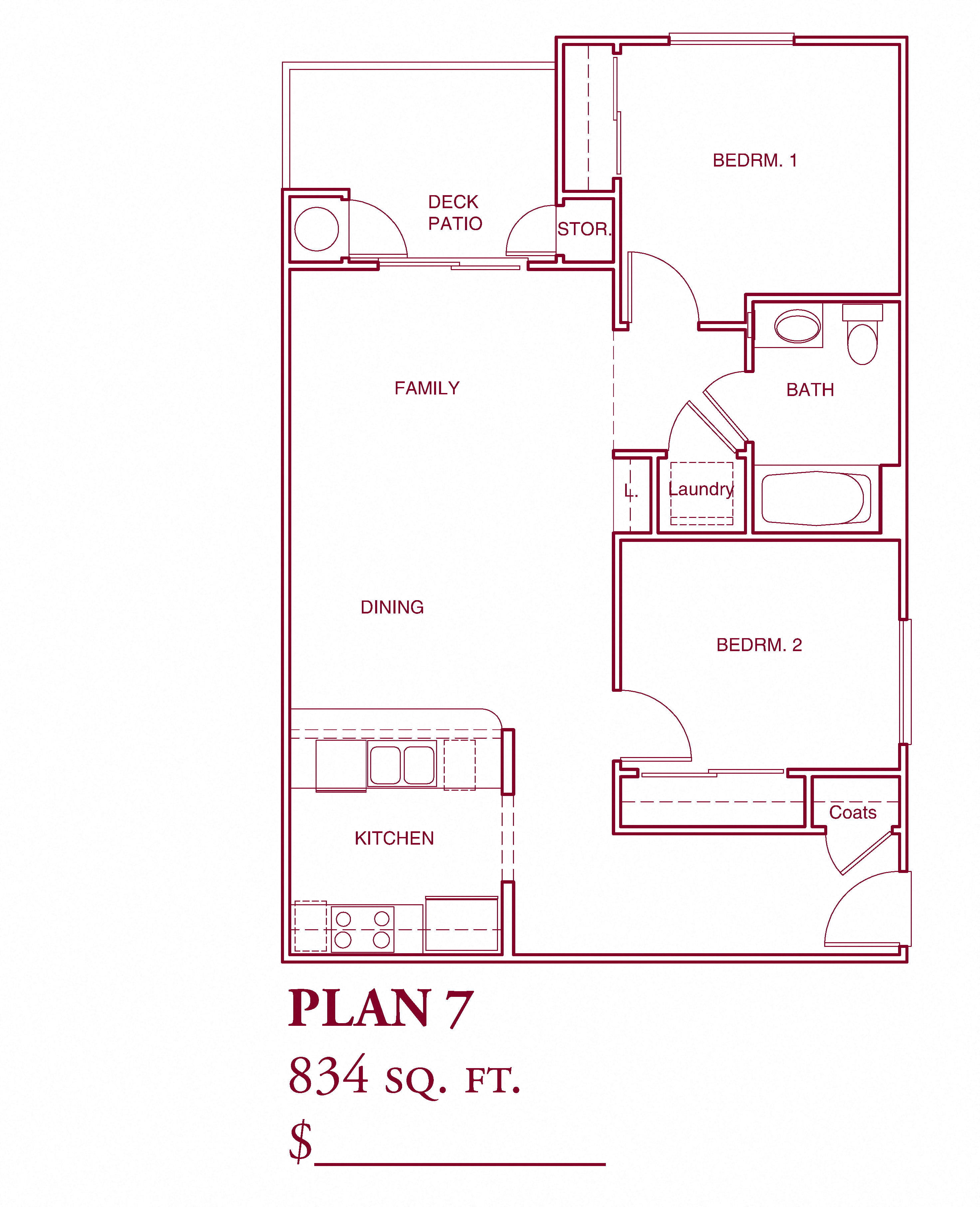 Floor plan for 2 beds, 1 bath, 834 sqft